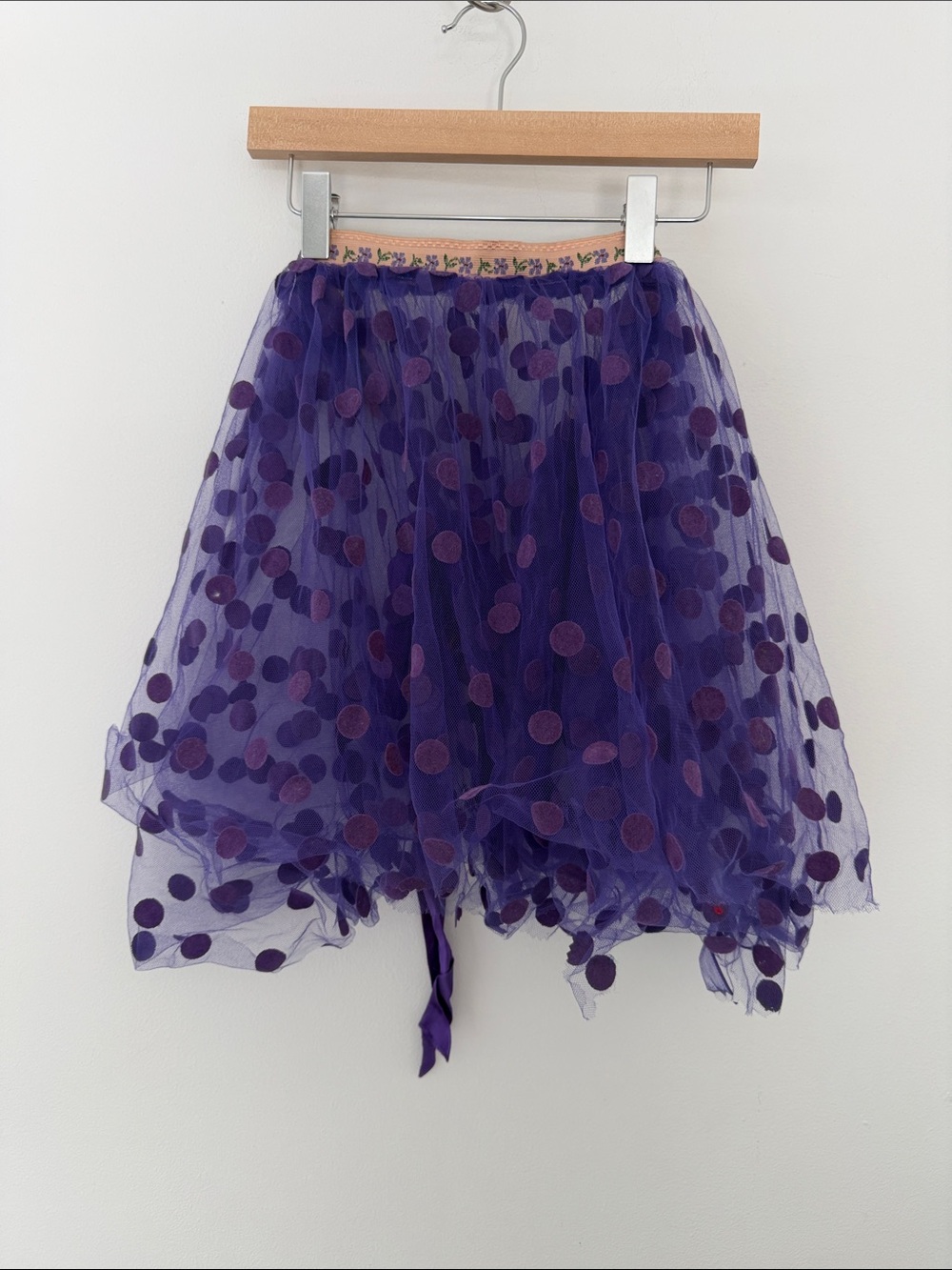 Purple Flocked Polka Dot Tulle Skirt Apron Style TUTU Vintage Trims 4-5 Years